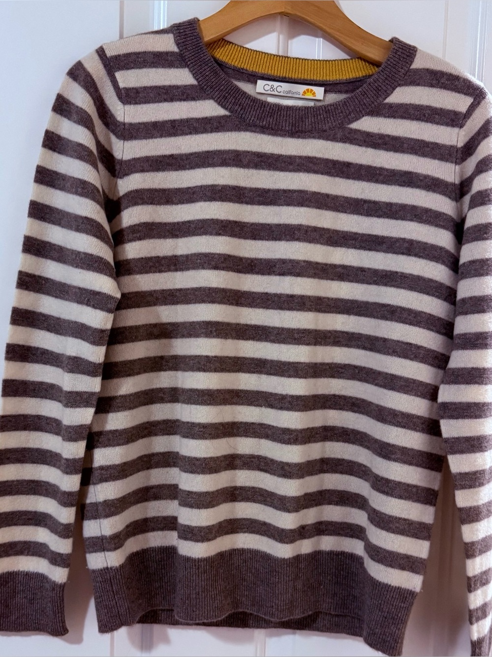 C&C California Cream and Gray Striped Crewneck Sweater 100% 2 ply cashmere/ med
